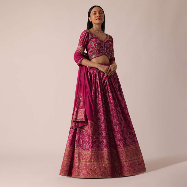 Pink Banarasi Print Brocade Lehenga Set