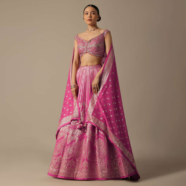 Pink Banarasi Silk Lehenga Set With Gota Patti