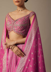 Pink Banarasi Silk Lehenga Set With Gota Patti