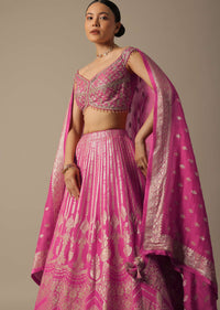 Pink Banarasi Silk Lehenga Set With Gota Patti