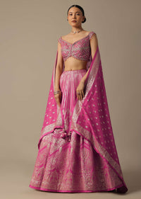Pink Banarasi Silk Lehenga Set With Gota Patti
