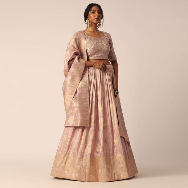 Pink Banarasi Silk Lehenga Set With Sequin Work