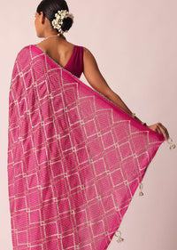Pink Bandhani Saree With Gota Detail And Unstitched Blouse Piece
