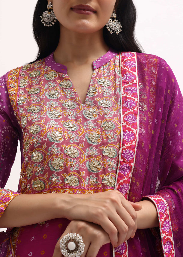 Pink Bandhani Printed Silk Kurta Set With Dupatta