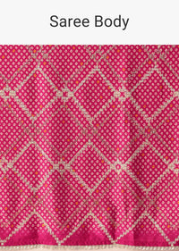 Pink Bandhani Saree With Gota Detail And Unstitched Blouse Piece