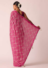 Pink Bandhani Saree With Gota Detail And Unstitched Blouse Piece