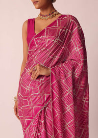 Pink Bandhani Saree With Gota Detail And Unstitched Blouse Piece