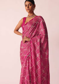 Pink Bandhani Saree With Gota Detail And Unstitched Blouse Piece