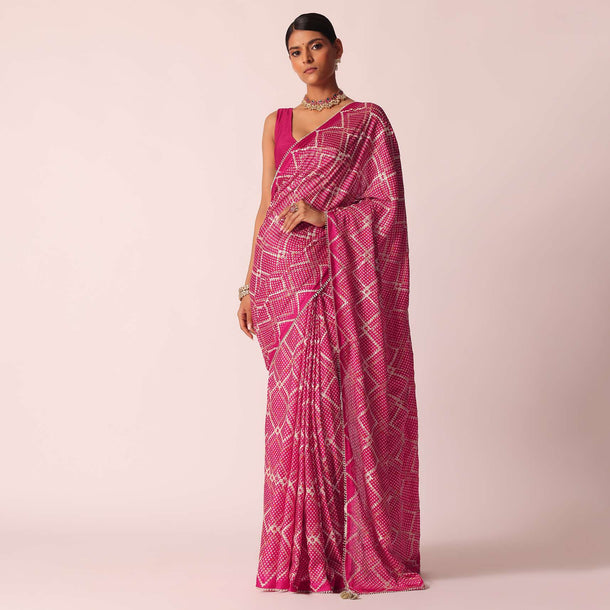 Pink Bandhani Saree With Gota Detail And Unstitched Blouse Piece