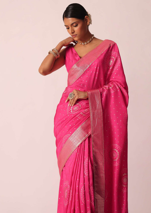 Pink Bandhani Saree With Woven Motifs And Unstitched Blouse Piece