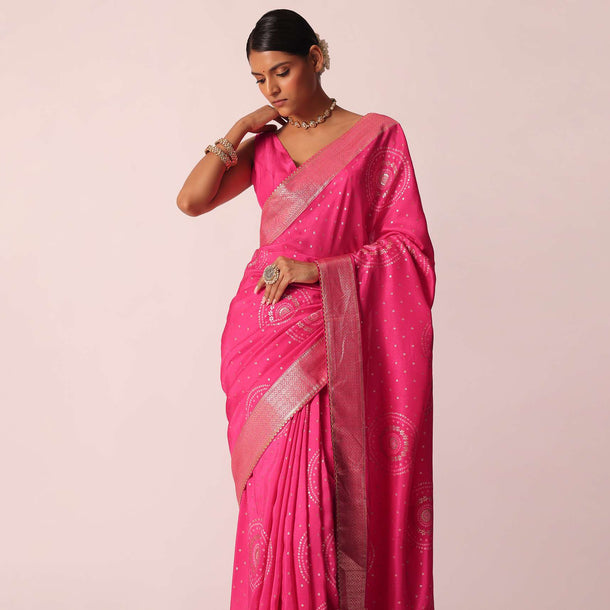 Pink Bandhani Saree With Woven Motifs And Unstitched Blouse Piece