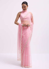 Pink Beads Embroidered Organza Saree With Unstitched Blouse