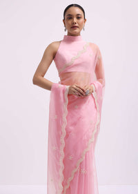 Pink Beads Embroidered Organza Saree With Unstitched Blouse