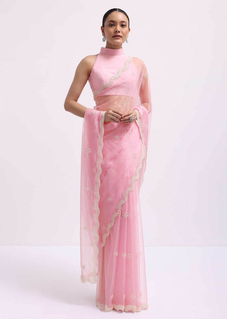 Pink Beads Embroidered Organza Saree With Unstitched Blouse