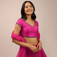 Pink Blouse In Raw Silk With Cap Sleeves And Cut Dana Embroidery