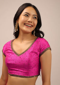 Pink Blouse In Raw Silk With Cap Sleeves And Cut Dana Embroidery