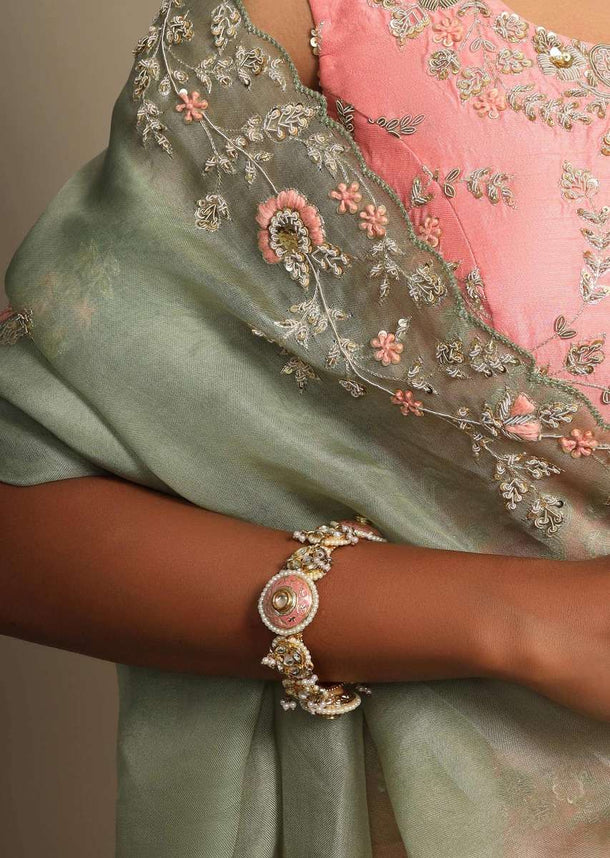 Pink Bracelet With Enamel Work Along With Kundan And Moti Highlights