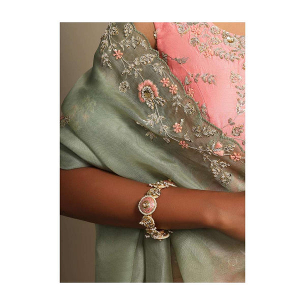 Pink Bracelet With Enamel Work Along With Kundan And Moti Highlights