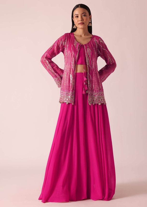 Pink Brocade Jacket And Palazzo Set