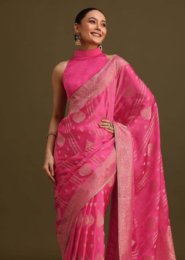 Pink Brocade Zari Weave Saree With Unstitched Blouse