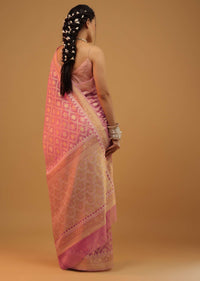 Petal Pink Carnation Saree In Pure Handloom Cotton And Banarasi Chanderi