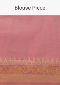 Petal Pink Carnation Saree In Pure Handloom Cotton And Banarasi Chanderi