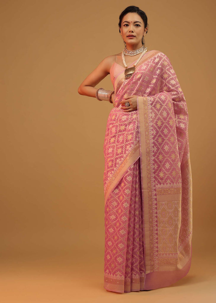 Petal Pink Carnation Saree In Pure Handloom Cotton And Banarasi Chanderi