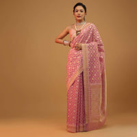 Petal Pink Carnation Saree In Pure Handloom Cotton And Banarasi Chanderi