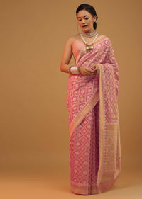 Petal Pink Carnation Saree In Pure Handloom Cotton And Banarasi Chanderi