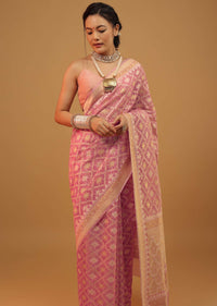 Petal Pink Carnation Saree In Pure Handloom Cotton And Banarasi Chanderi