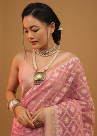 Petal Pink Carnation Saree In Pure Handloom Cotton And Banarasi Chanderi