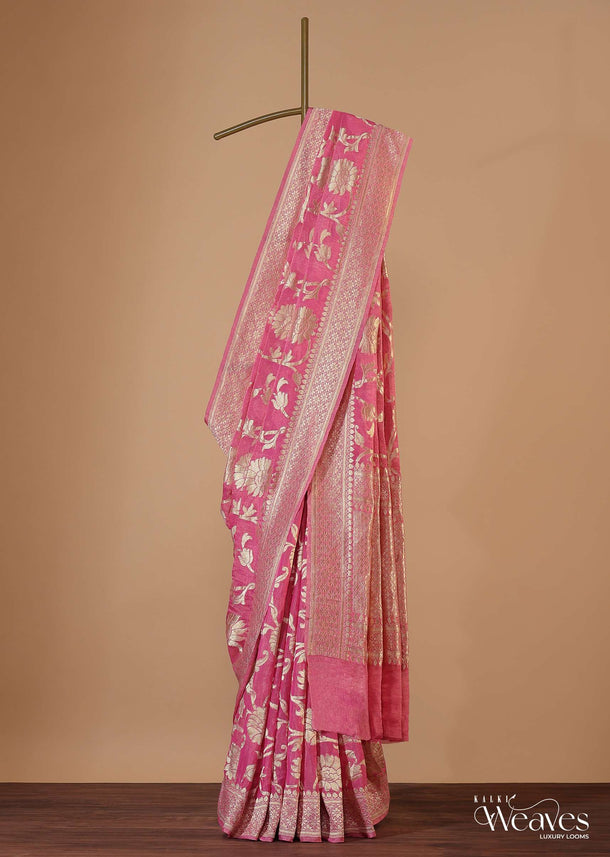 Fuschia Pink Saree In Tissue Georgette With Khaddi Work, Zari Weave And An Unstitched Blouse