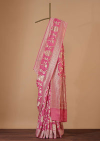 Fuschia Pink Saree In Tissue Georgette With Khaddi Work, Zari Weave And An Unstitched Blouse