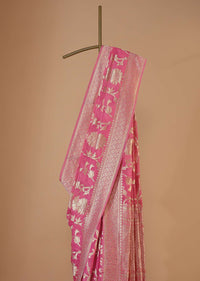 Fuschia Pink Saree In Tissue Georgette With Khaddi Work, Zari Weave And An Unstitched Blouse