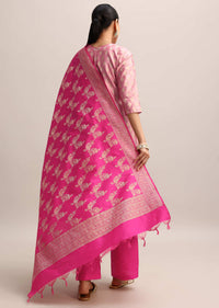 Pink Chanderi Banarasi Woven Kurta Set With Dupatta