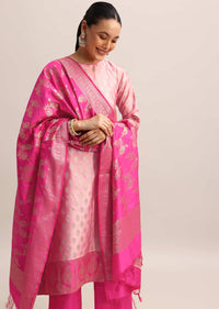 Pink Chanderi Banarasi Woven Kurta Set With Dupatta