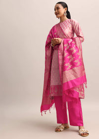 Pink Chanderi Banarasi Woven Kurta Set With Dupatta