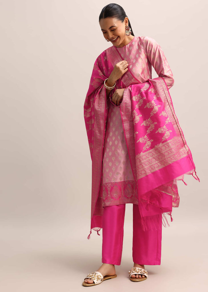 Pink Chanderi Banarasi Woven Kurta Set With Dupatta