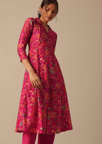 Pink Chanderi Floral Print Flared Kurta Set