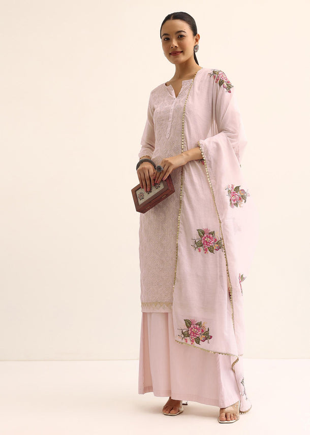 Pink Chanderi Kurta Palazzo Set Stitched Dress Material