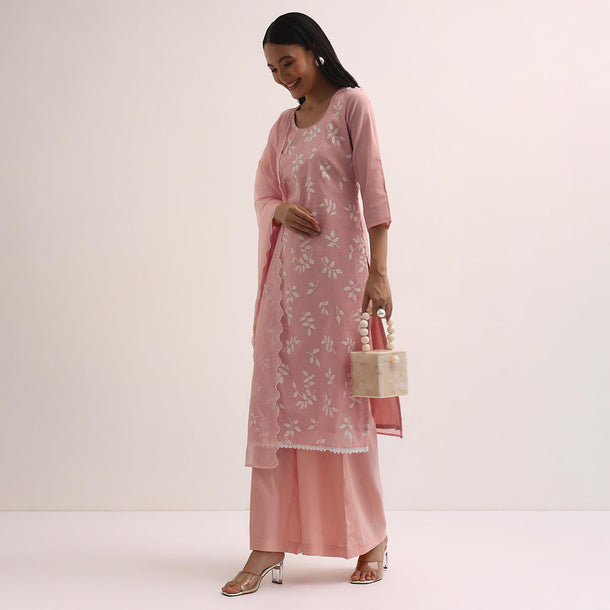 Pink Chanderi Palazzo Set With Patchwork Kurta Stitched Dress Material