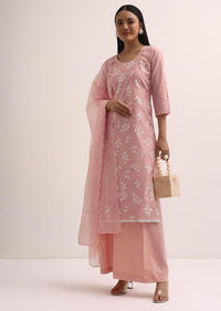 Pink Chanderi Palazzo Set With Patchwork Kurta Stitched Dress Material