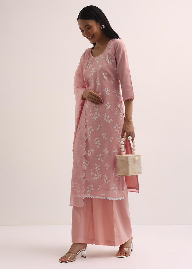 Pink Chanderi Palazzo Set With Patchwork Kurta Stitched Dress Material