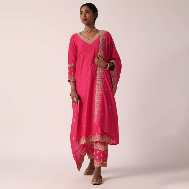 Fuchsia Pink Chanderi Pant Set With Embroidered Kurta