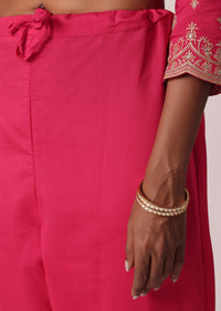 Fuchsia Pink Chanderi Pant Set With Embroidered Kurta