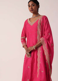 Fuchsia Pink Chanderi Pant Set With Embroidered Kurta