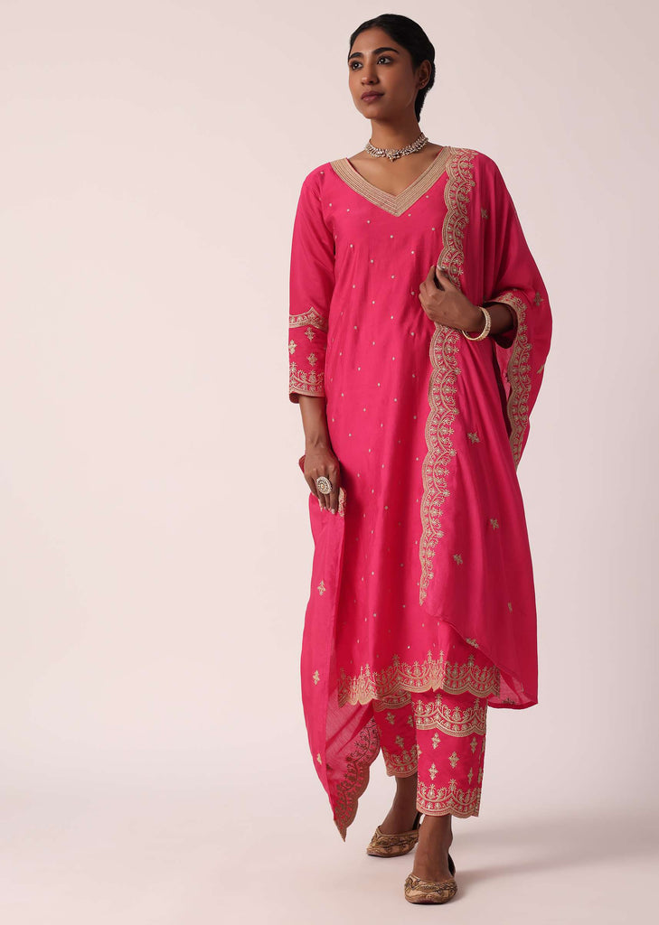 Fuchsia Pink Chanderi Pant Set With Embroidered Kurta