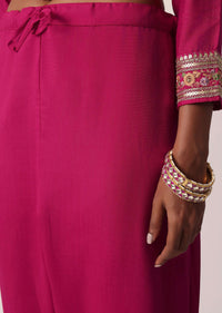 Pink Chanderi Pant Set With Embroidered Kurta