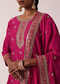 Pink Chanderi Pant Set With Embroidered Kurta
