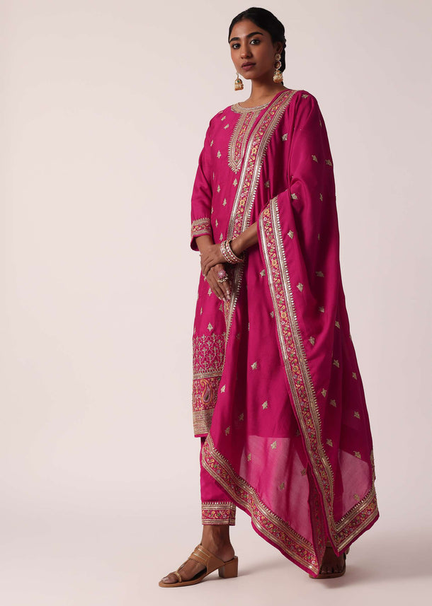 Pink Chanderi Pant Set With Embroidered Kurta